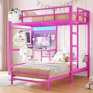 Bunk Bed Twin Over Twin Size with Desk and Charging Station L-Shaped Metal Bunk Bed with Led Lights & Storage Shelves and Drawe