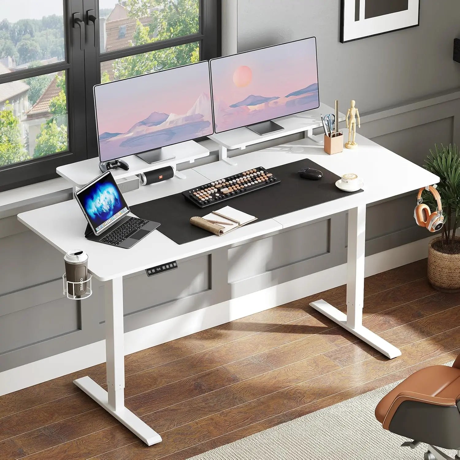  2 Adjustable Monitor Shelves,Electric Stand Up Desk with Memory Controller & Adjustable Height