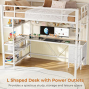 Loft Bed Twin Size with L-Shaped Desk and Storage Shelves, Metal Loft Bed Frame with Power Outlet, LED Lights, 3 Fabric Drawers,