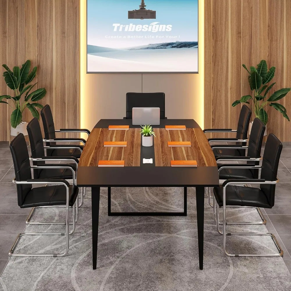 8FT Conference Table, 94.48L x 47.24W x 29.52H Inches Boat Shaped Meeting Table with Rectangle Grommet, Modern Seminar Boardroo