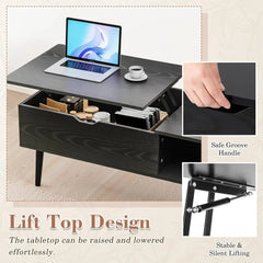 Wooden Coffee Table, Lift Top Coffee Table with Large Hidden Compartment and Shelf, Lift Tabletop Dining Table for Living Room