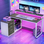 L Shaped Desk with Drawers, 55" Corner Computer Desk with Power Outlets, L-Shaped Desk with LED Lights & File Cabinet for Home O