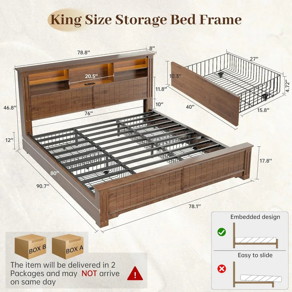 EnHomee King Size Bed Frame and Headboard, King Bed Frame with 4 Drawers USB & LED, Farmhouse Bed Built in Charging Station,No B