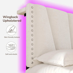 King Size Bed Frame with Velvet Headboard and LED Lights， Storage Headboard Platform Bed with Charging Station
