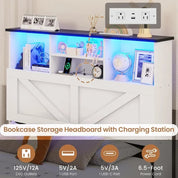 Twin Size Bed Frame with Bookcase Storage Headboard Charging Station & LED Lights Wooden Bed Frames Featuring 4 Drawers