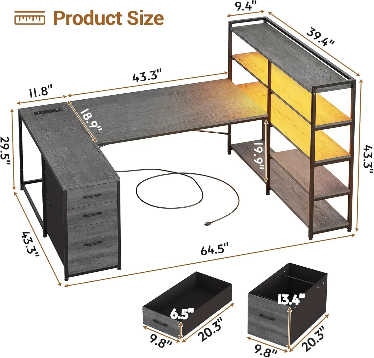 Corner Computer Desk, Reversible U Shaped Office Desk with 3 Fabric Drawers and Power Outlet, Corner Gaming Desk with LED Lights
