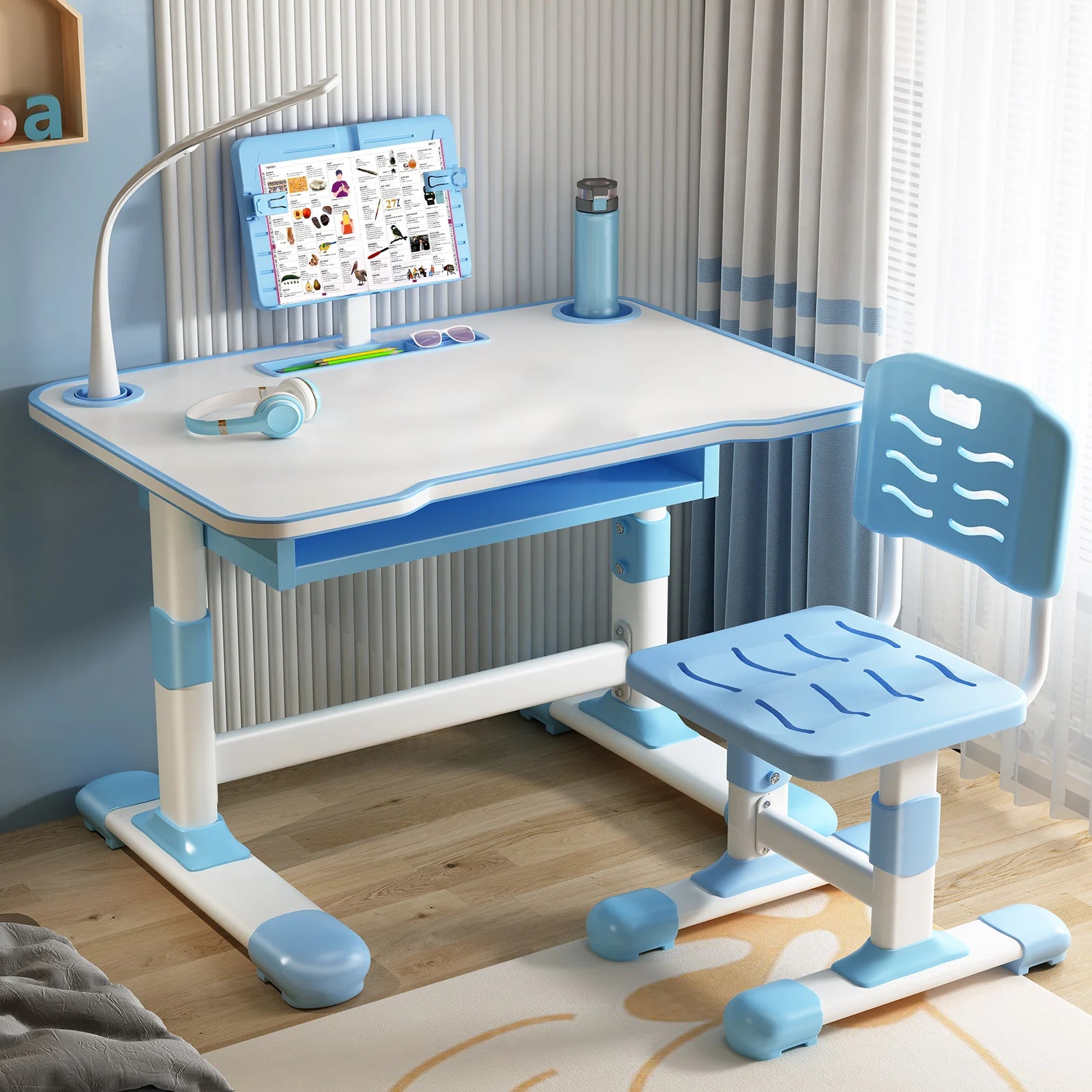 Kids Study Desk Chair Set, Height Adjustable Writing Table with Tiltable Reading Stand LED Table Light, Children Learning Table