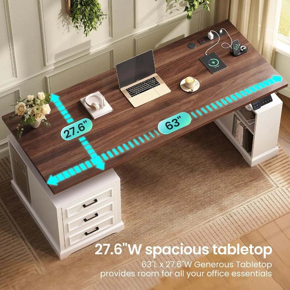 SmartHealth™ Farmhouse Electric Standing Desk – 63" Height Adjustable Computer Desk with 3 Drawers & Storage Shelves