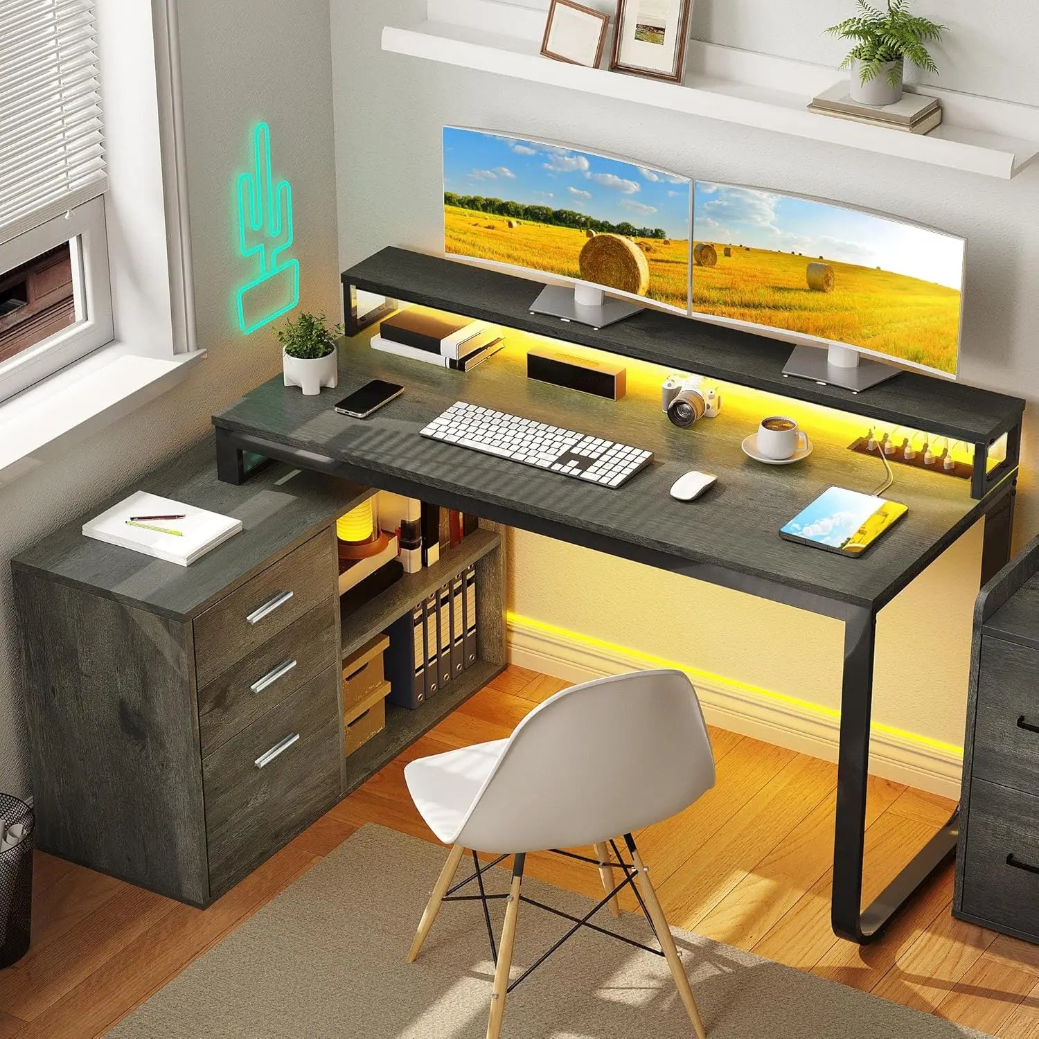 L Shaped Desk with Drawers, 55" Corner Computer Desk with Power Outlets, L-Shaped Desk with LED Lights & File Cabinet for Home O