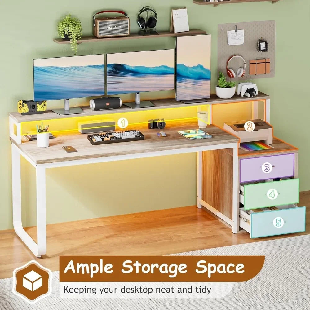 67" Computer Desk with 3 Drawers, Home Office Desk with Long Monitor Stand and Printer Space, Office Desk with Storage