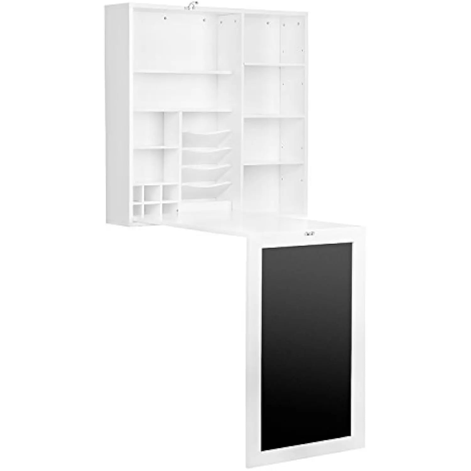 Collapsible fold down desk table with storage cabinet & shelves - wall mounted desk furniture with chalkboard wall - computer d