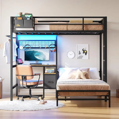 Bunk Bed Twin Over Twin Size with Desk and Charging Station L-Shaped Metal Bunk Bed with Led Lights & Storage Shelves and Drawe