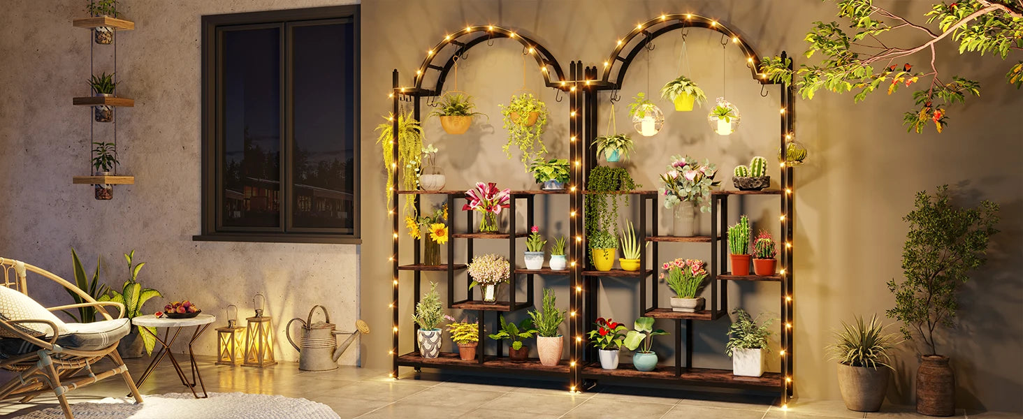 Tribesigns 5-Tier Tall Indoor Plant Stand, 74.8'' Arched Metal Flower Shelf with Hanging Hooks, Large Bonsai Pots Display Rack