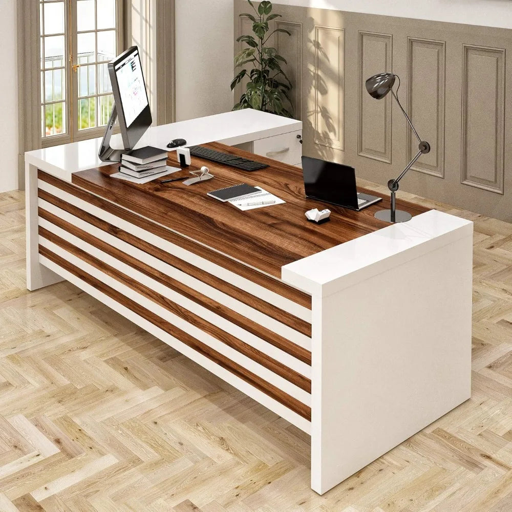 L-Shaped Executive Office Desk with File Cabinet