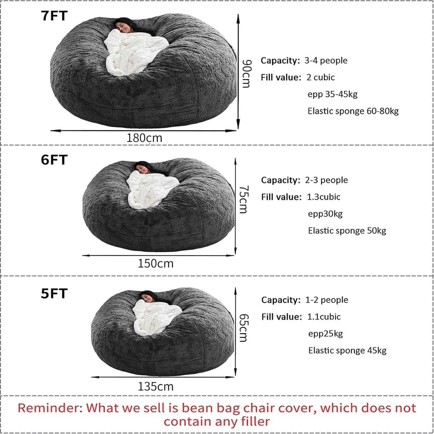Bean Bag Chair. For Adults & Kids. Comfy Fluffy. Giant Round. Lazy Sofa Cover. Reading Chair. Floor Chair. 6FT. Grey.