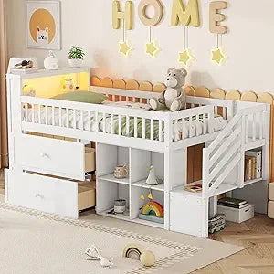 Playful Design Full Size Low Loft Bed with Slide and 3 Storage Drawers, Multiple Functions Wooden Loft Bed Frame with 2 Doors fo