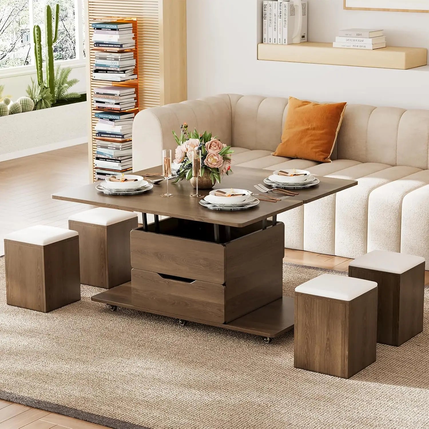 FurnishSpot Natural Lift-Top Coffee Table with Hidden Storage | 3-in-1 Multifunction Center Table with 4 Stools