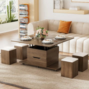 FurnishSpot Natural Lift-Top Coffee Table with Hidden Storage | 3-in-1 Multifunction Center Table with 4 Stools