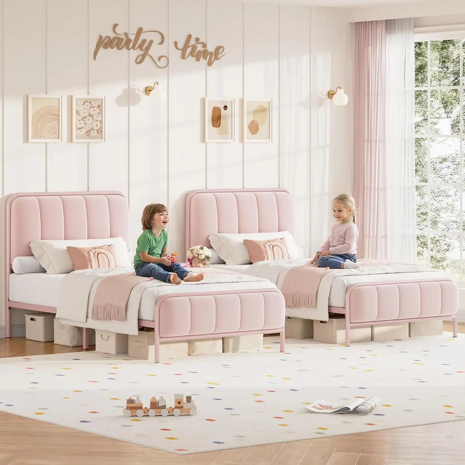 Twin Size Upholstered Pink Bed Frame with Button Tufted Headboard