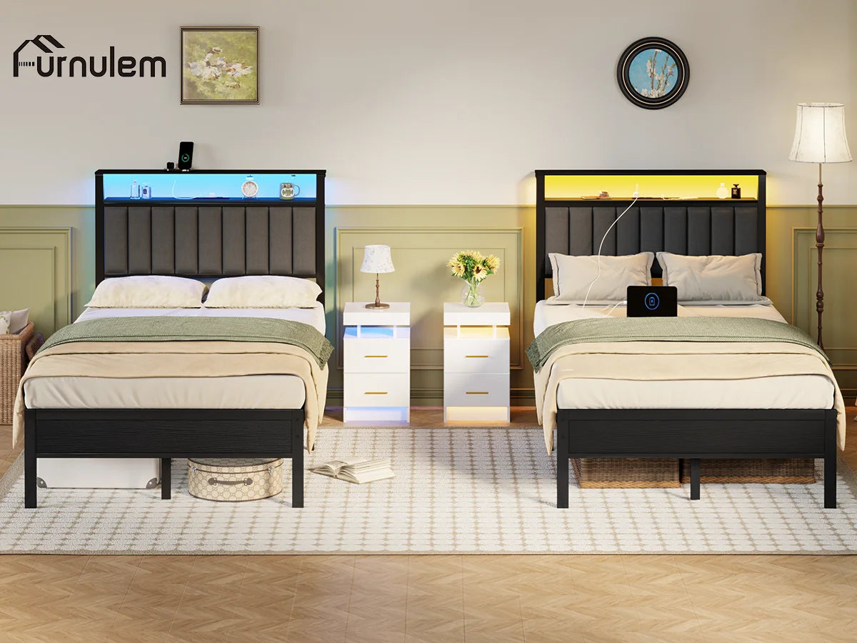 Full/Queen size bed frame with charging station, LED bed frame, headboard with frame, platform bed frame, soft cushion bed frame