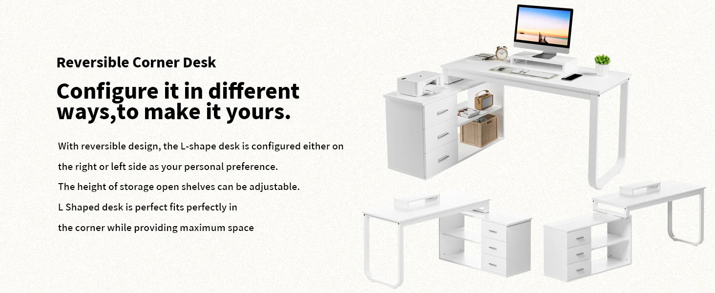L-Shaped Desk with Drawers and Shelves, 55" Craft Desk with Storage, Removable Monitor Stand, Reversible L-Shaped Desk