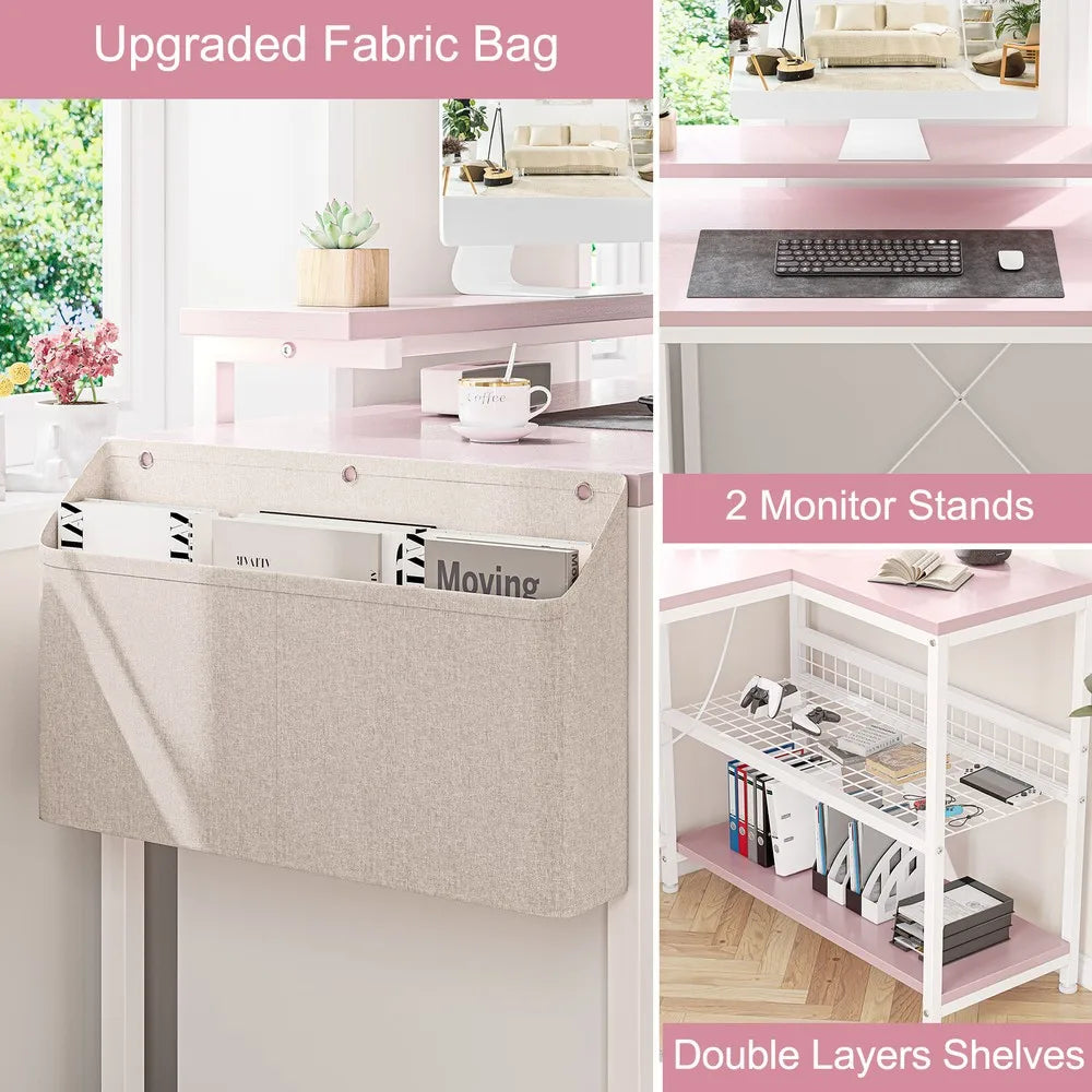 L Shaped Computer Desk Gaming Desk Writing Desk with Power Outlets & LED Light