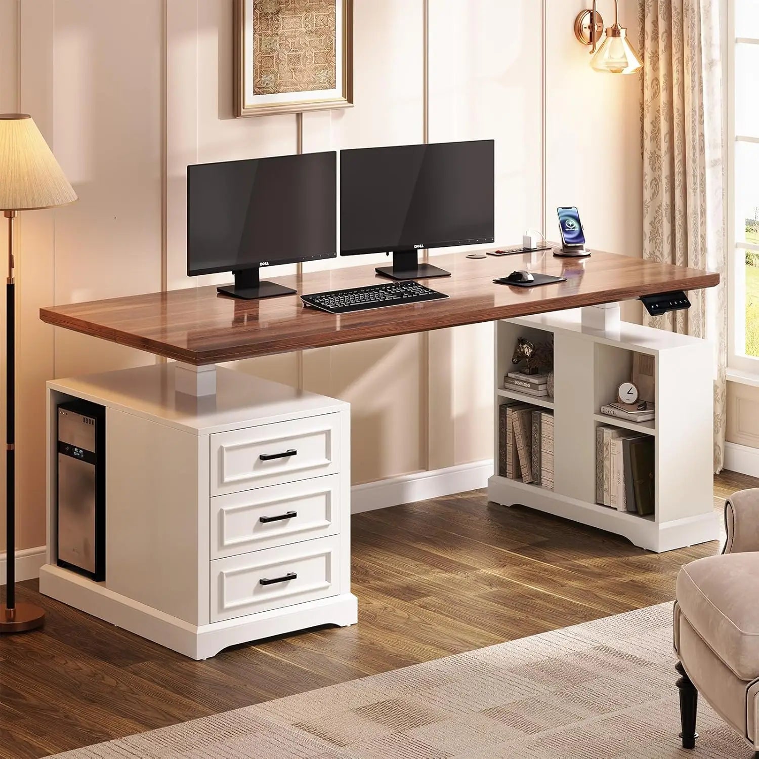 SmartHealth™ Farmhouse Electric Standing Desk – 63" Height Adjustable Computer Desk with 3 Drawers & Storage Shelves