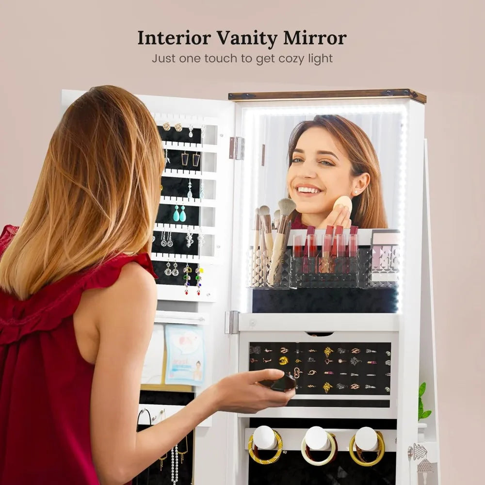Standing LED Jewelry Armoire with Full-Length Mirror & 360° Swivel Storage Cabinet