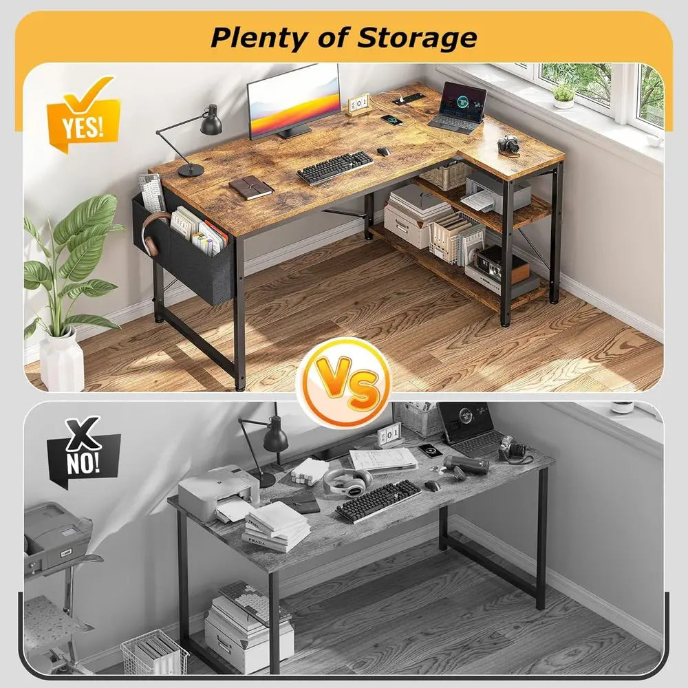 FurnishSpot SpaceSmart™ L-Shaped Computer Desk with Power & Storage – Rustic Brown
