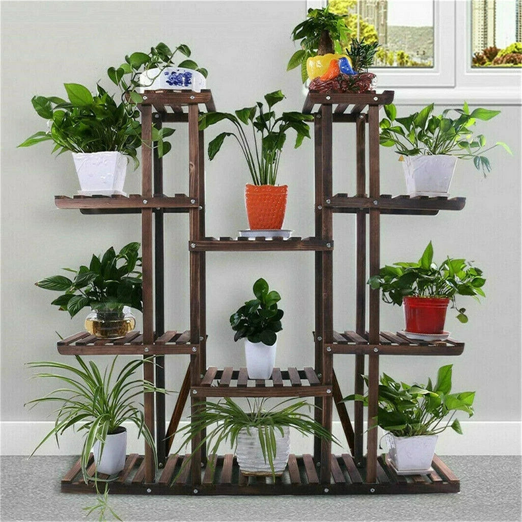 9-Tier Pine Wood and Metal Plant Stand – Indoor & Outdoor Planter Display Rack for Flowers, Bonsai, Succulents, Garden, Balcony, Living Room