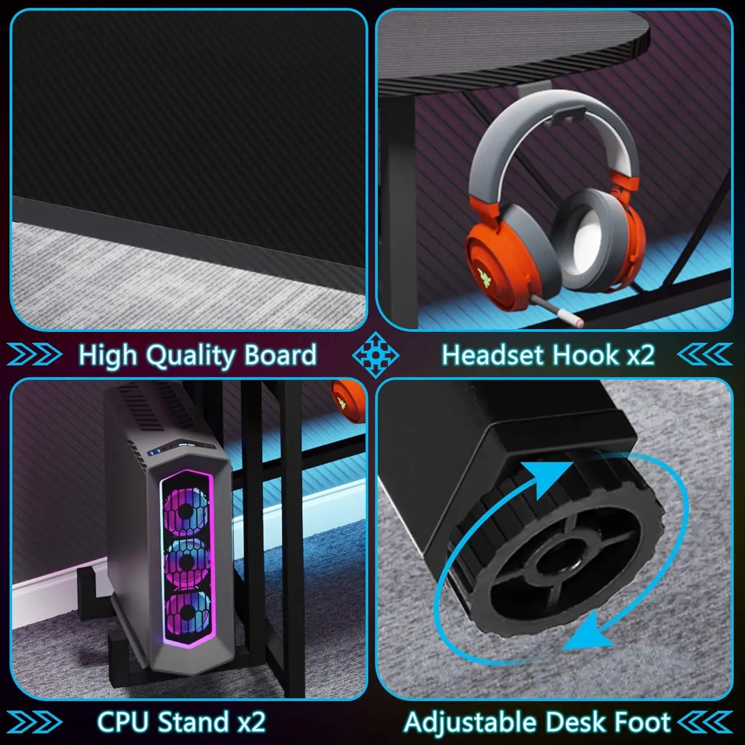 75 Inch Gaming Desk with Monitor Shelf, Large PC Computer Desk with LED Lights, Gaming Table Gamer Desk for Bedroom, Home Office