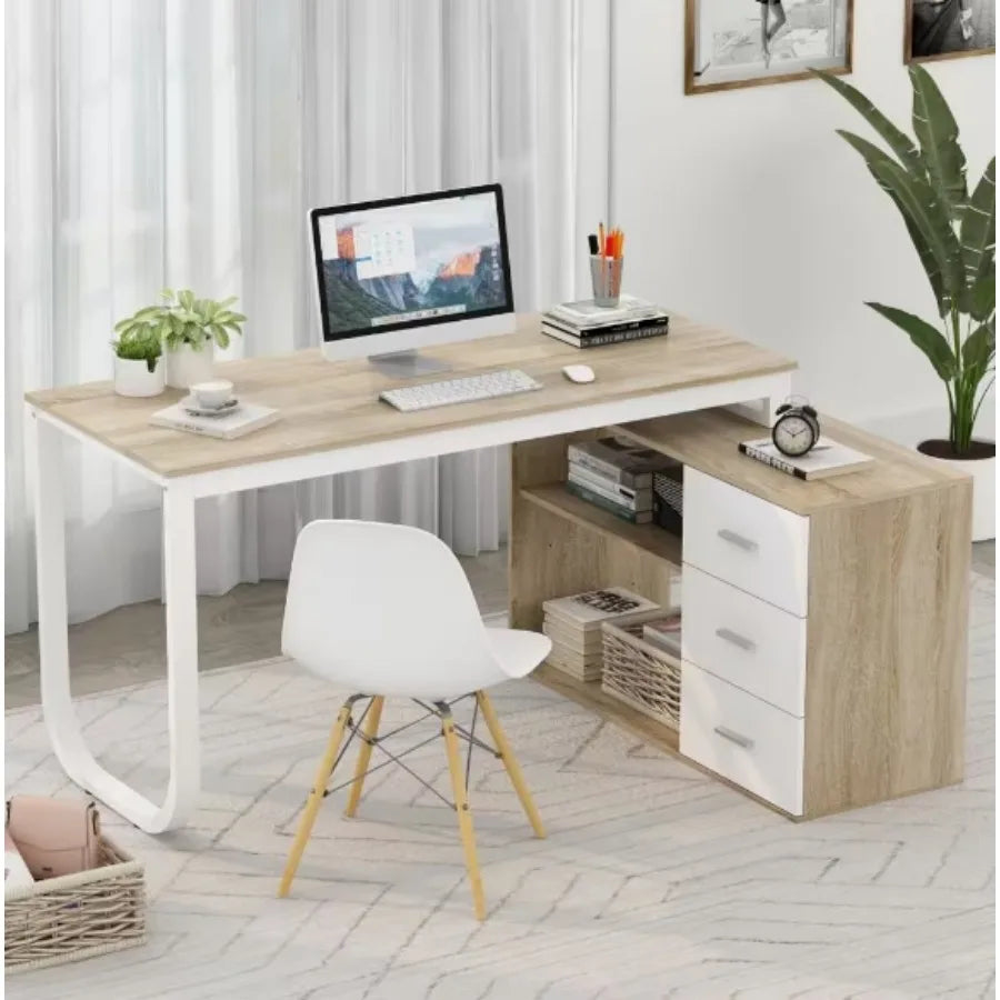 FurnishSpot L-Shaped Corner Computer Desk with Storage Cabinet | Reversible Home Office Workstation