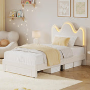 FurnishSpot™ Twin Bouclé Princess Bed Frame with Flower Headboard, LED Lighting & Storage Drawers