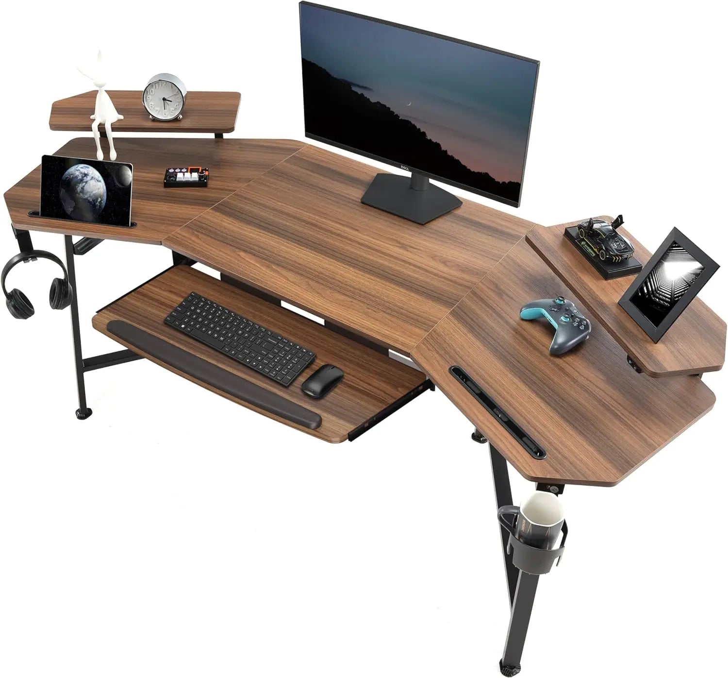 Aero Gaming Desk with Led Lights, 72" Large Wing-Shaped Studio Desk W Keyboard Tray Monitor Stand Dual Headphon