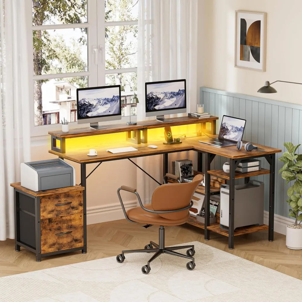 FurnishSpot® Reversible L-Shaped Computer Desk with LED Monitor Stand, Storage & Charging Station