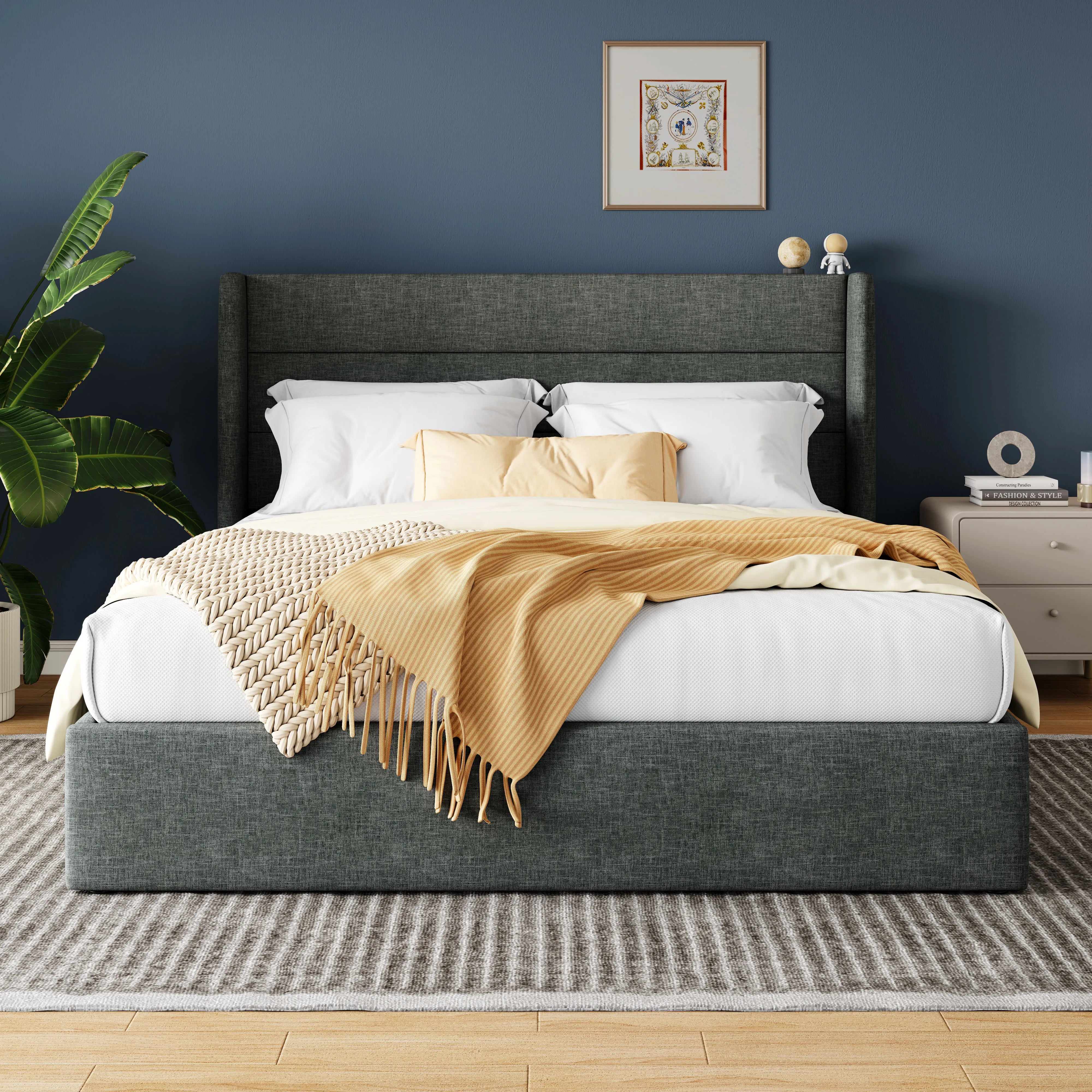 Lift Up Storage Bed with Wingback Headboard and Large Underneath Storage