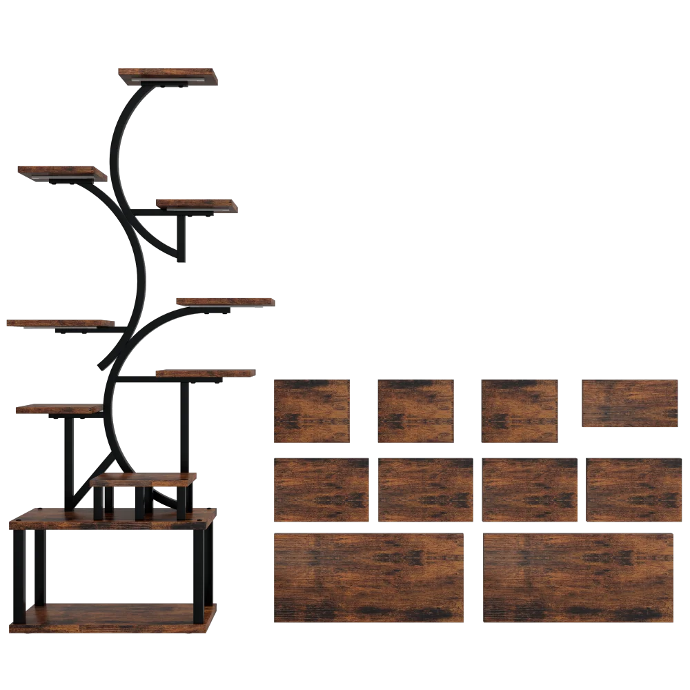 10-Tier Plant Stand with Grow Lights,S-Shaped Corner plant pack for Indoor Plants in Living Room,Garden,Patio,Deep Rustic Brown