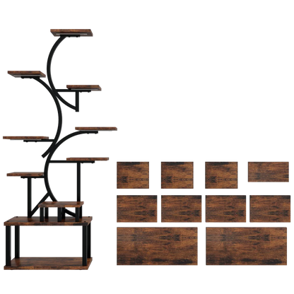 10-Tier Plant Stand with Grow Lights,S-Shaped Corner plant pack for Indoor Plants in Living Room,Garden,Patio,Deep Rustic Brown