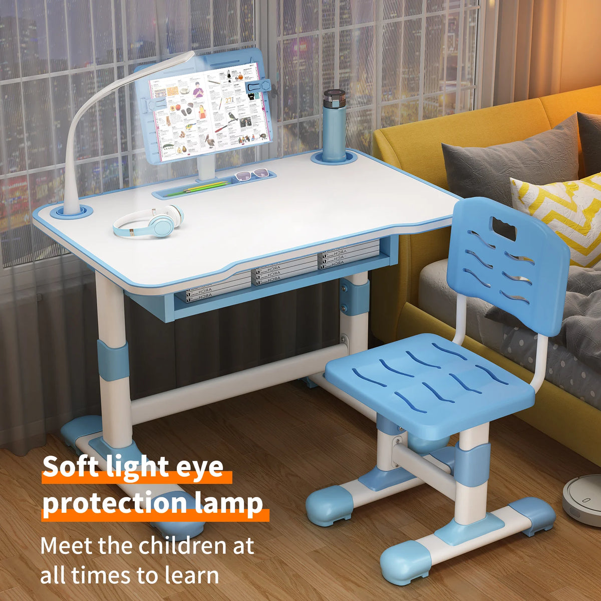 Kids Study Desk Chair Set, Height Adjustable Writing Table with Tiltable Reading Stand LED Table Light, Children Learning Table