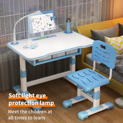 Kids Study Desk Chair Set, Height Adjustable Writing Table with Tiltable Reading Stand LED Table Light, Children Learning Table