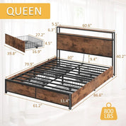 Queen Bed Frame with 2-Tier Storage Headboard, Metal Frame with 4 Storage Drawers, and Built in Charging