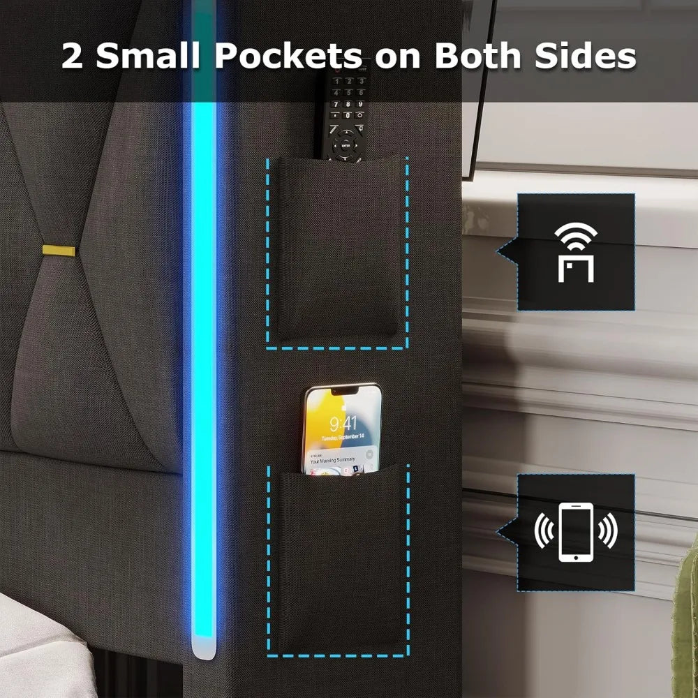 King Size Bed Frame with Marshmallow Headboard and Storage, Metal Bed Frame with LED Lights & Charging Station, Upholstered Plat
