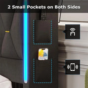 King Size Bed Frame with Marshmallow Headboard and Storage, Metal Bed Frame with LED Lights & Charging Station, Upholstered Plat