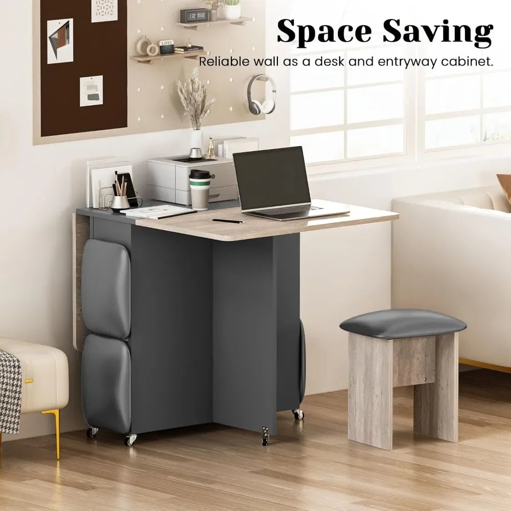 Folding Dining Table Set for 4, 4 Leather Chairs & Shelves – Foldable with 6 Wheels, Space-Saving Design