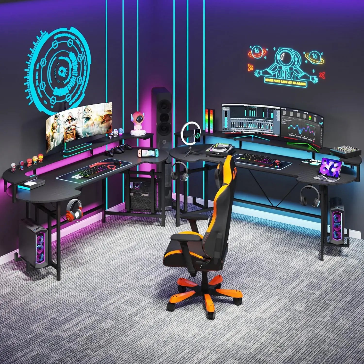 75 Inch Gaming Desk with Monitor Shelf, Large PC Computer Desk with LED Lights, Gaming Table Gamer Desk for Bedroom, Home Office