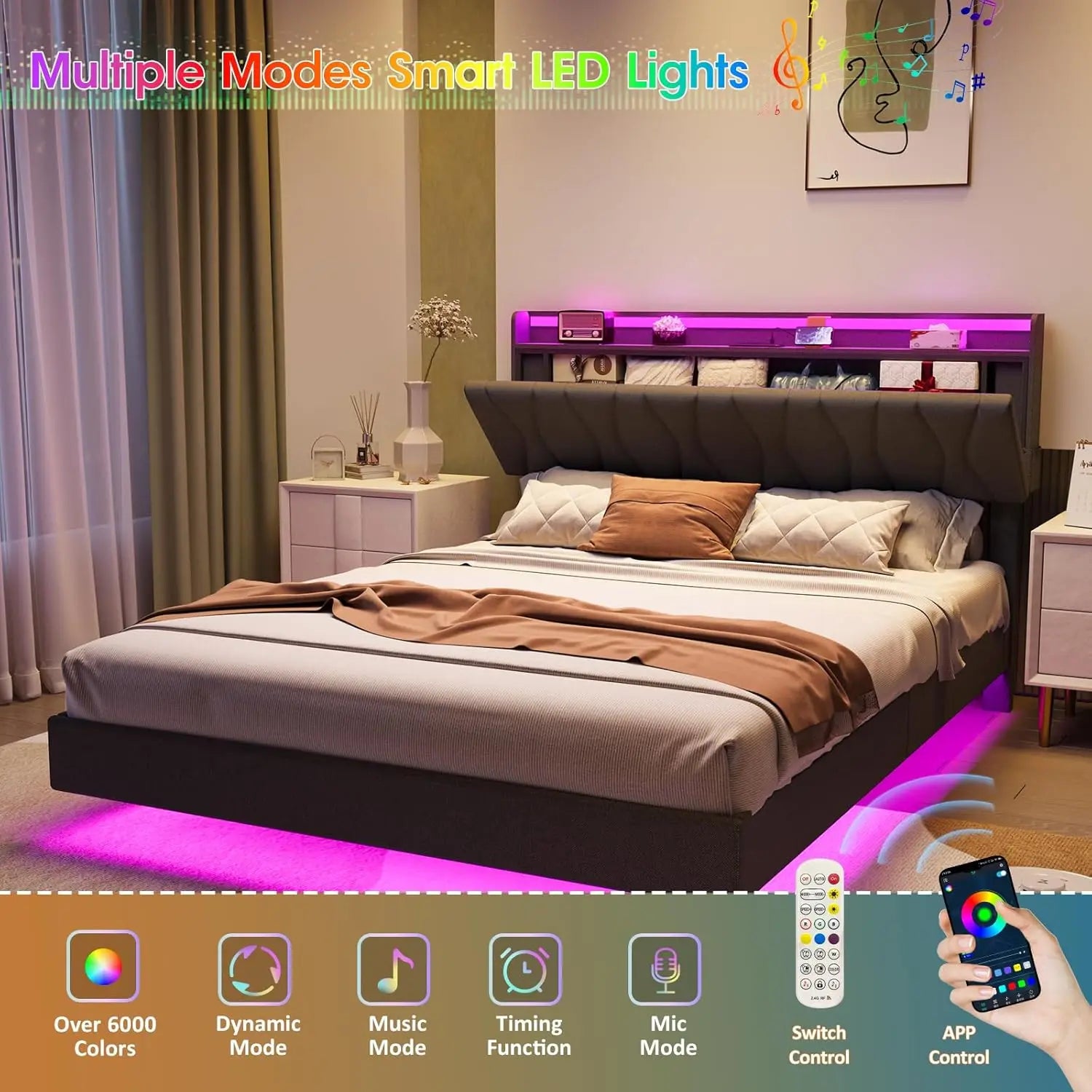 Vabches Floating Queen Bed Frame With Storage Headboard&LED Light Bed Frame with Charging Station Upholstered Platform Bed Frame