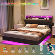 Vabches Floating Queen Bed Frame With Storage Headboard&LED Light Bed Frame with Charging Station Upholstered Platform Bed Frame