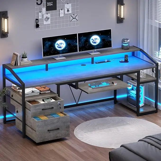 63" Computer Desk, Office Desk with Lockable Drawers for Legal/Letter File, Gaming Desk with LED Lights & Power Outlet, Home Of