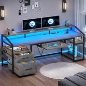 63" Computer Desk, Office Desk with Lockable Drawers for Legal/Letter File, Gaming Desk with LED Lights & Power Outlet, Home Of