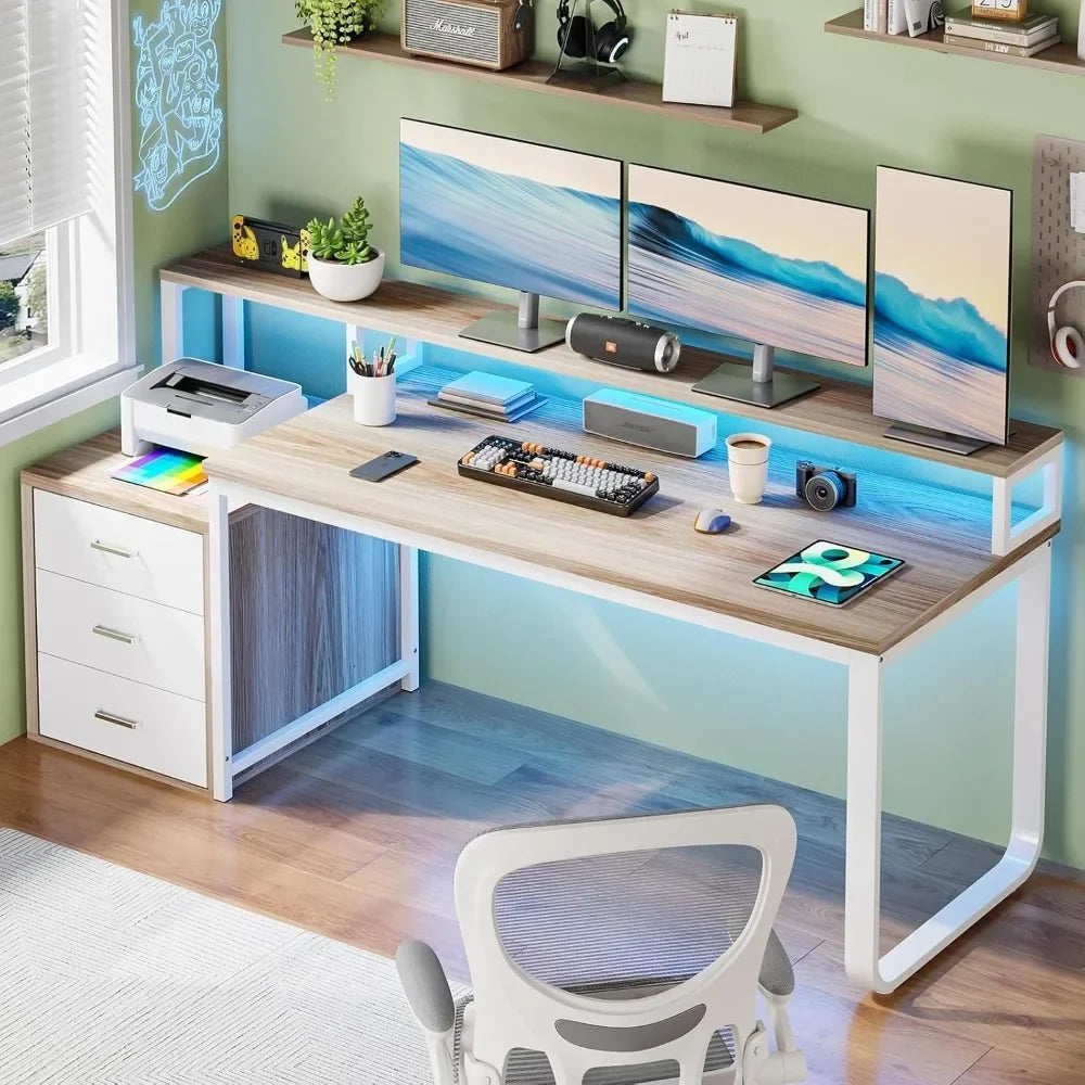 67" Computer Desk with 3 Drawers, Home Office Desk with Long Monitor Stand and Printer Space, Office Desk with Storage